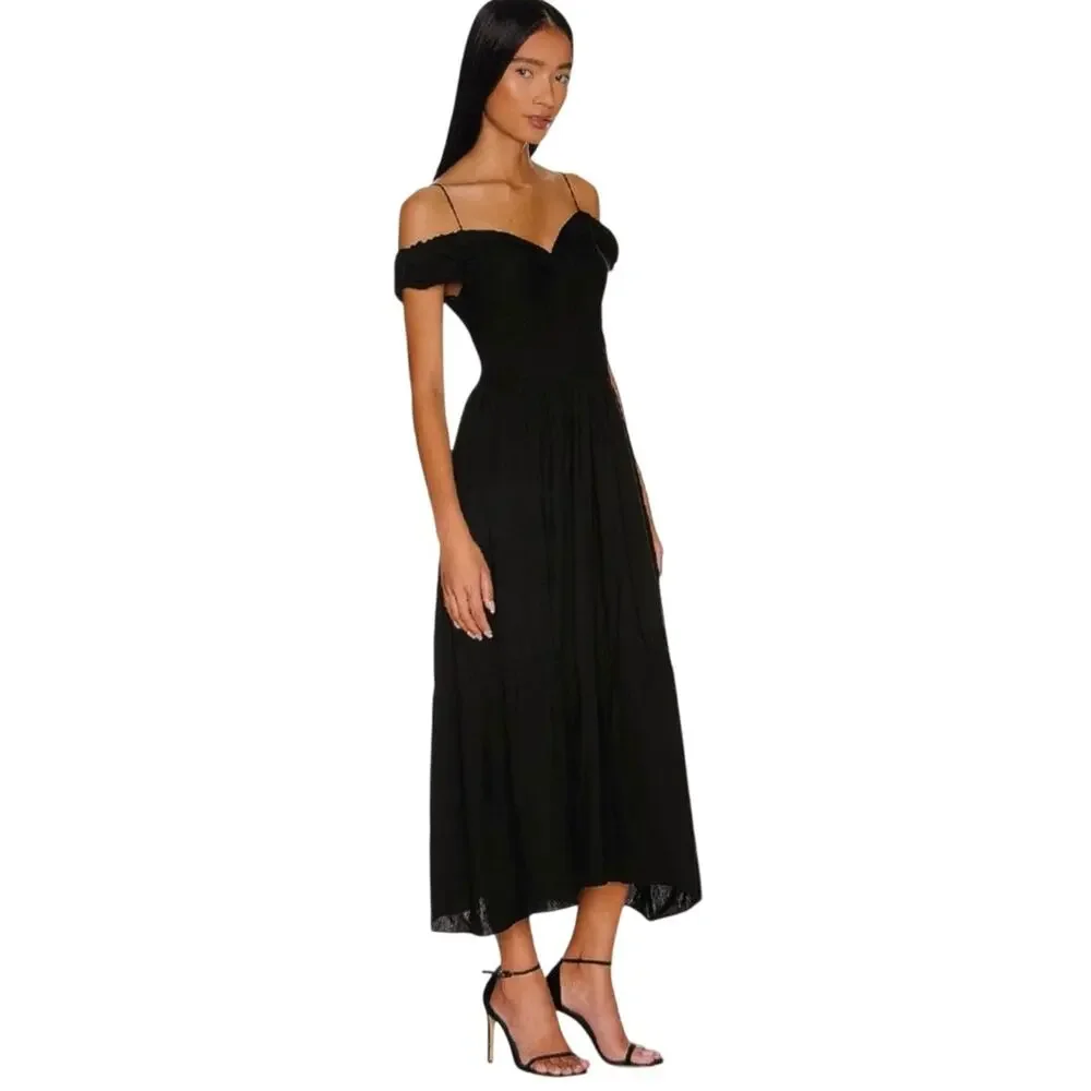 VINCE Black Linen Blend Twist Front Off the Shoulder Midi Dress size 4 - Picture 2 of 10